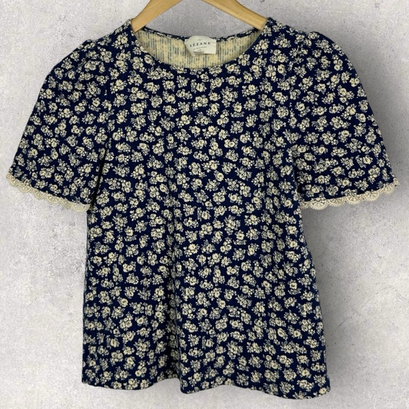 Sezane Clea Shirt Floral Crinkle Size Small French Top Blouse Romantic Lace Trim - Picture 4 of 16